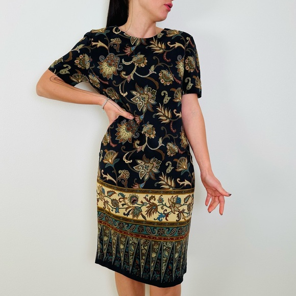 Vintage Liz Claiborne Mini Dress 100% Silk Floral Paisley Printed Brown - Picture 4 of 10